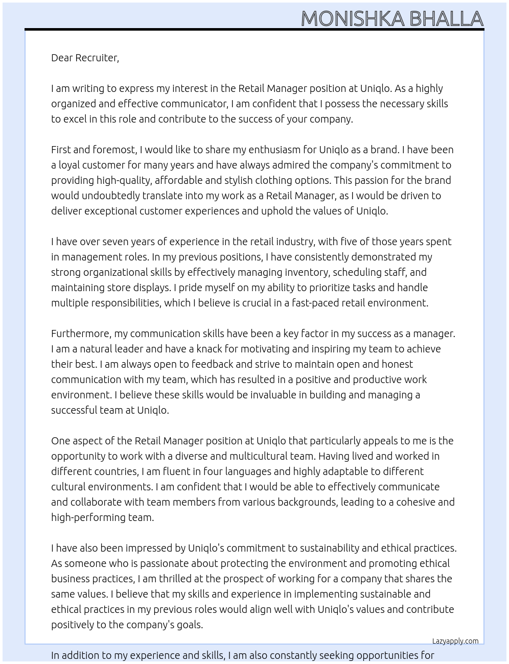 Retail Manager At Uniqlo Cover Letter