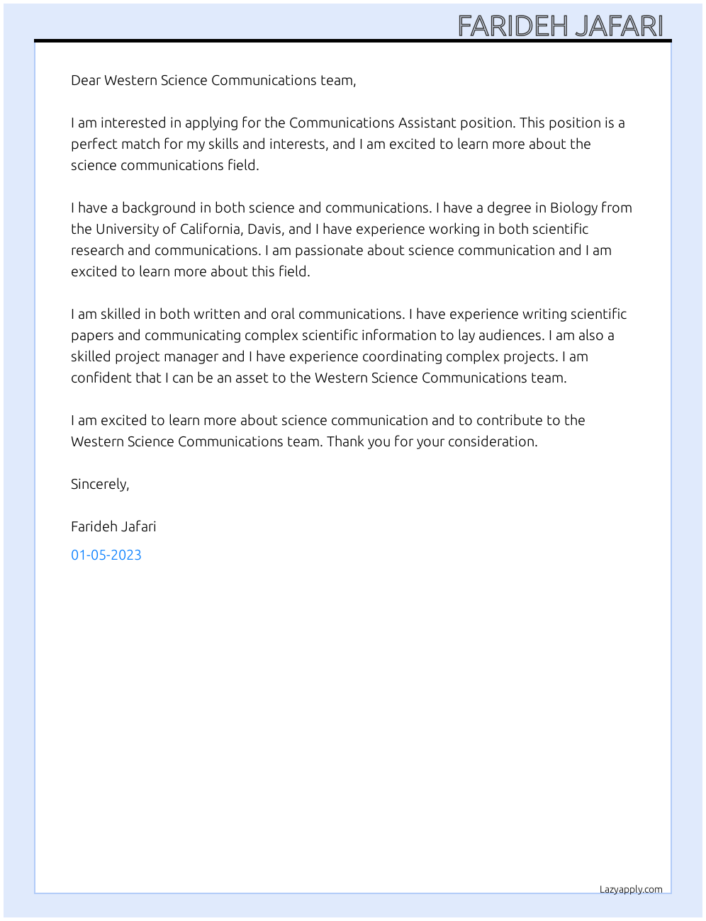 Cover Letter For Faculty Of Science LazyApply