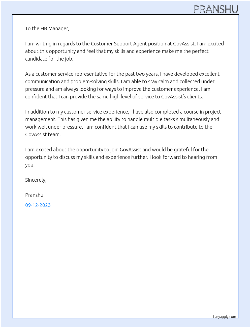 Customer Support Agent At GovAssist Cover Letter