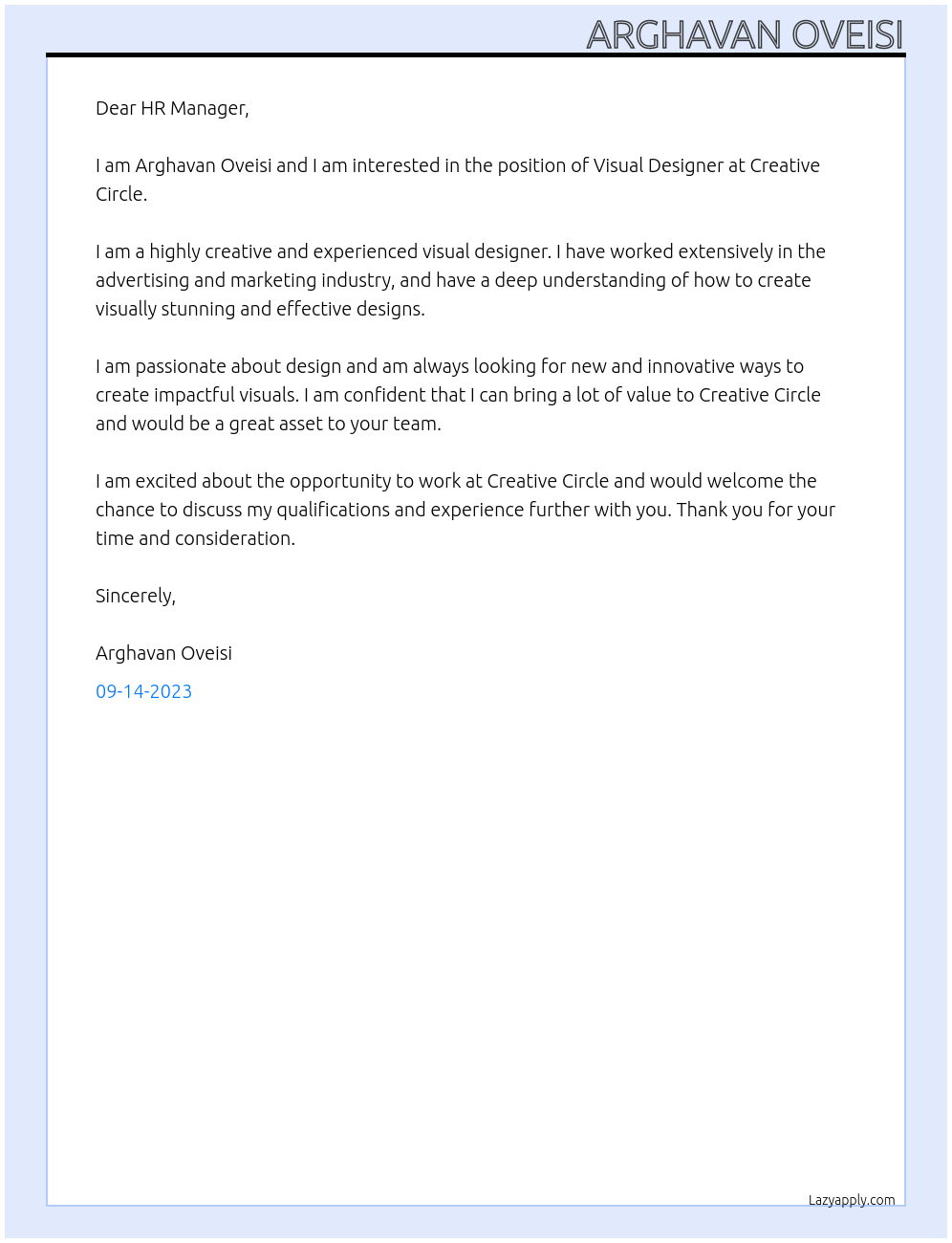 Visual Designer At creative circle Cover Letter