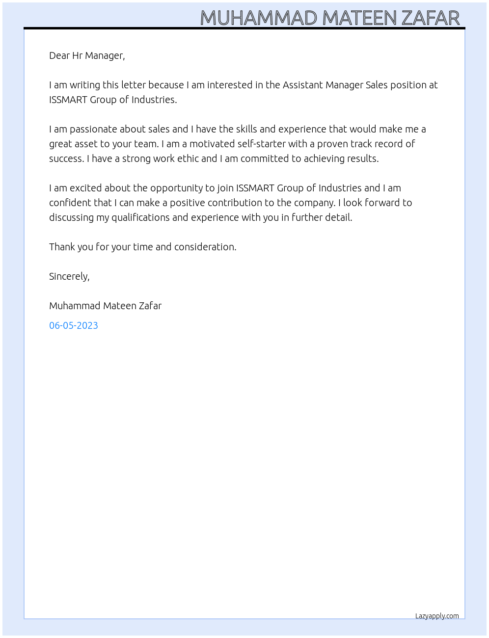 Assistant Manager Sales At ISSMART Group of Industries Cover Letter