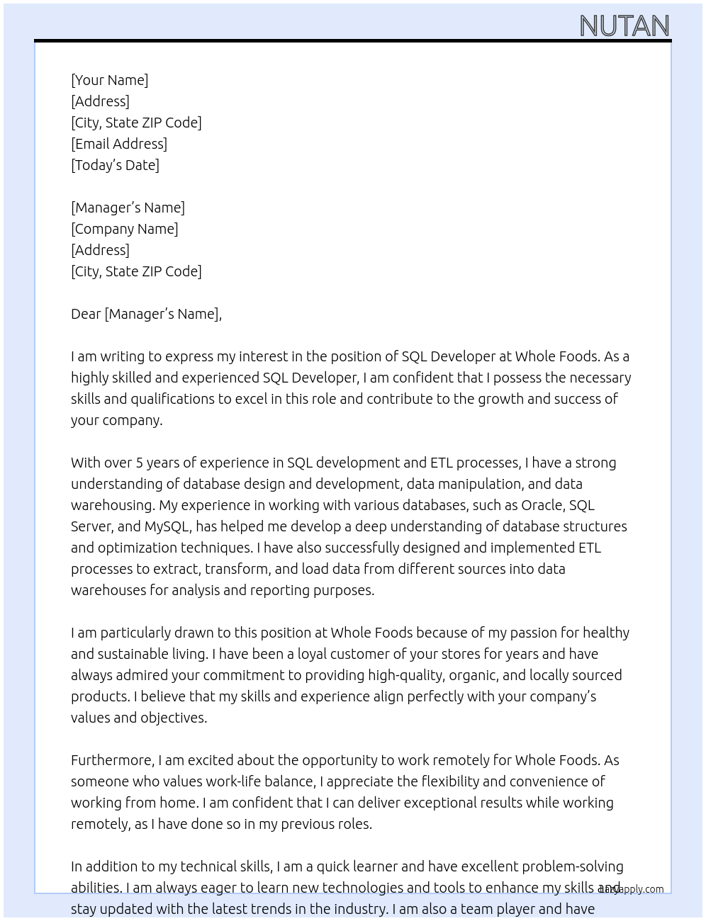 Sql developer At whole foods Cover Letter