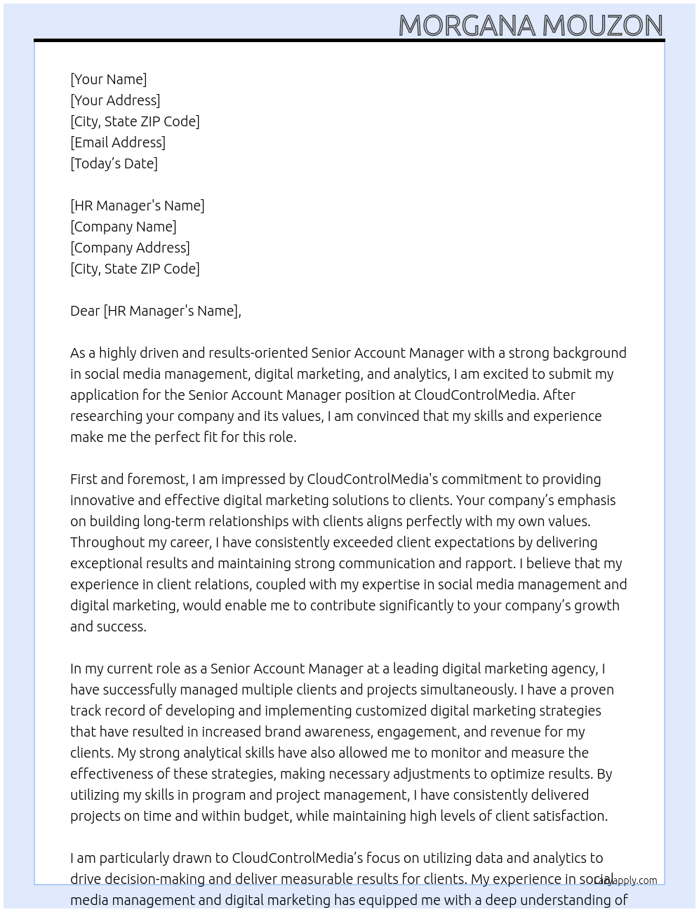 Senior Account Manager At CloudControlMedia Cover Letter