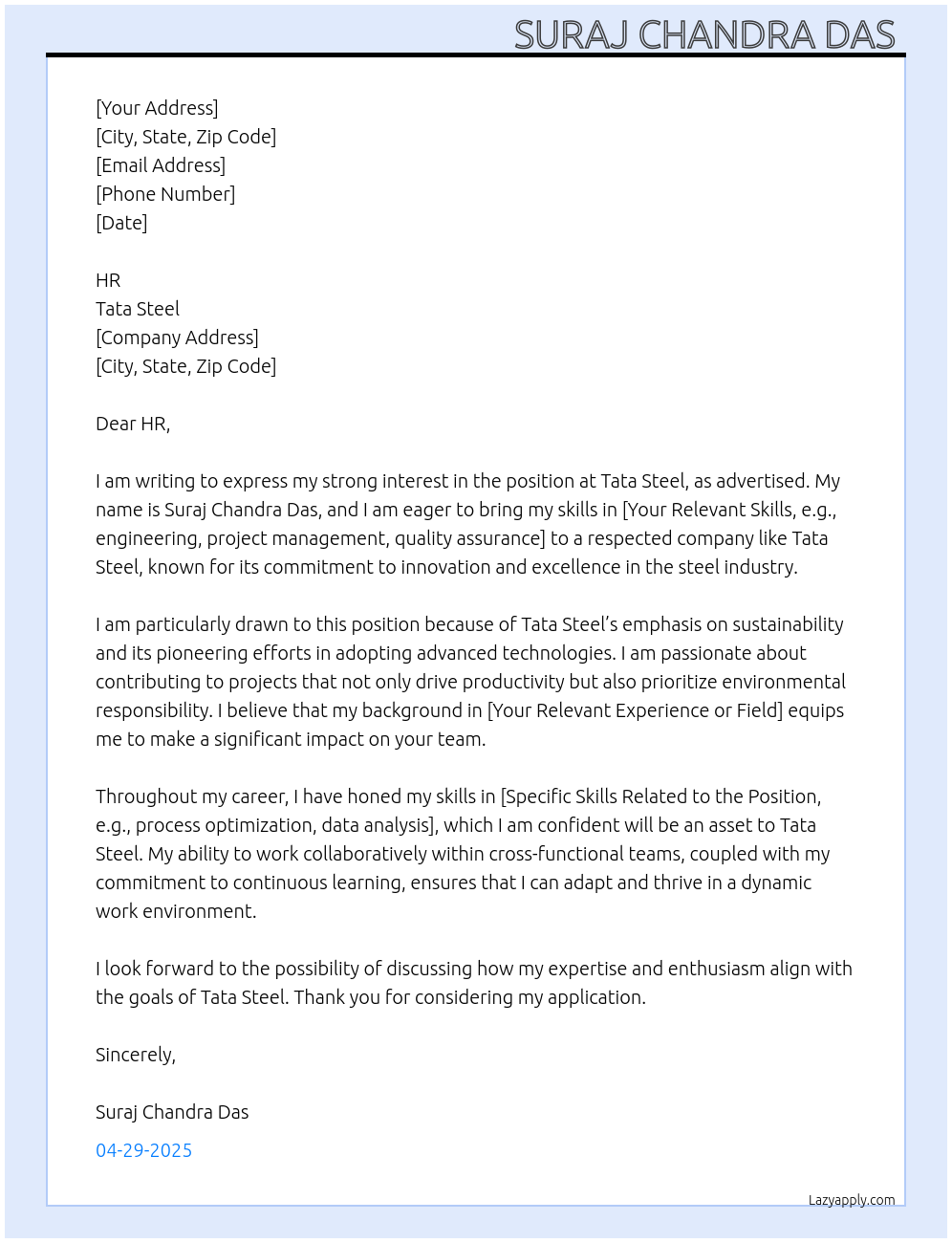 Tata steel  At TATA steel  Cover Letter