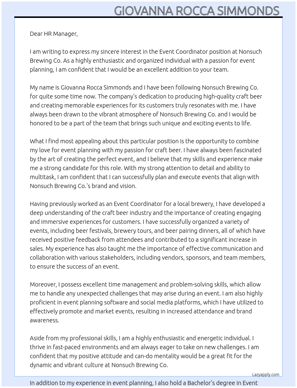 Event Coordinator At Nonsuch Brewing Co. Cover Letter