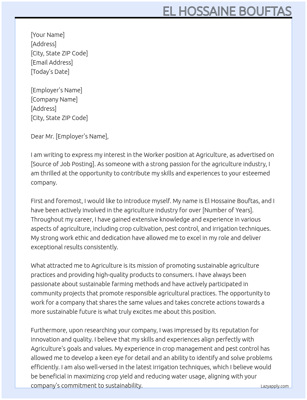 Worker At Agriculture Cover Letter