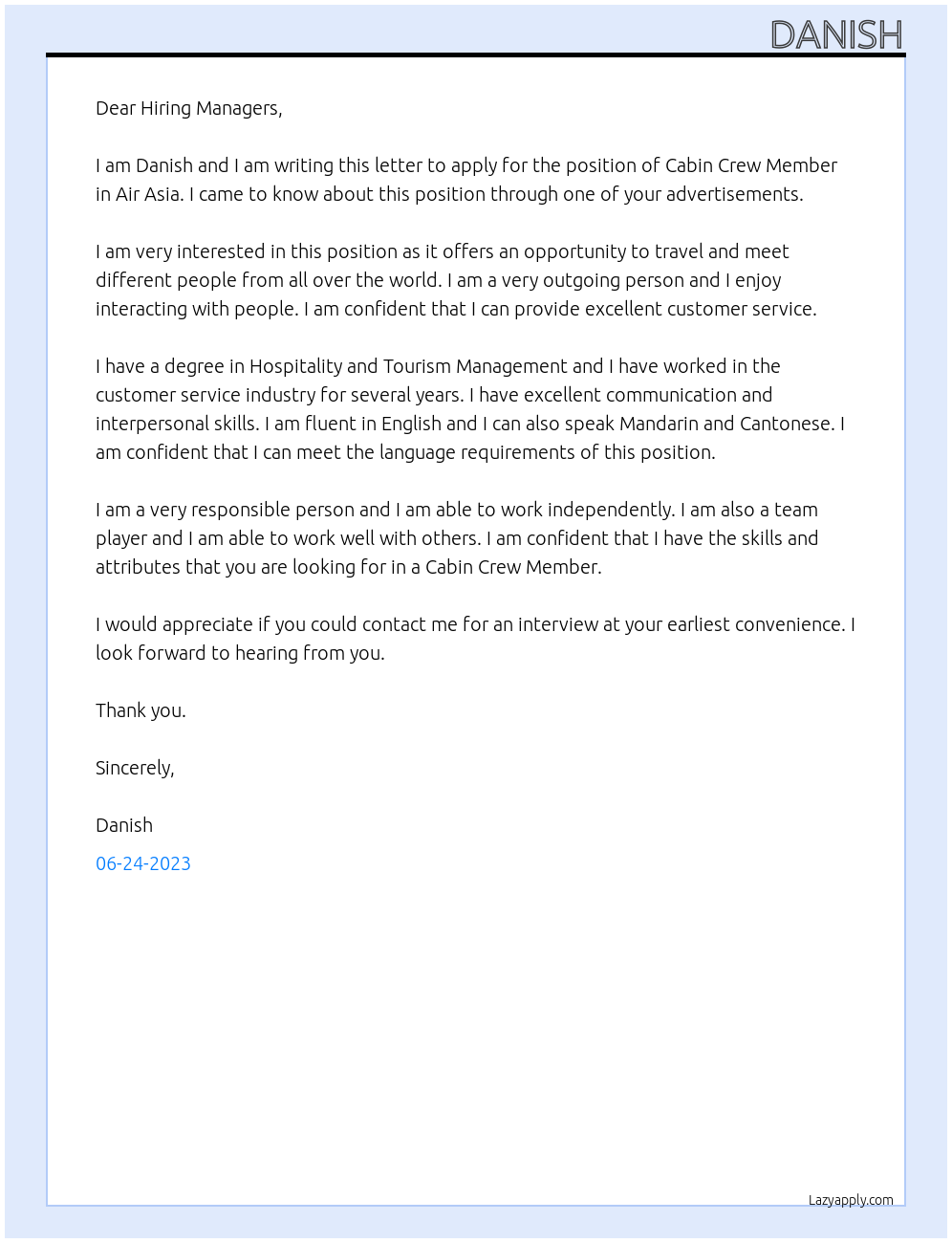 CABIN CREW MEMBER At AIR ASIA Cover Letter