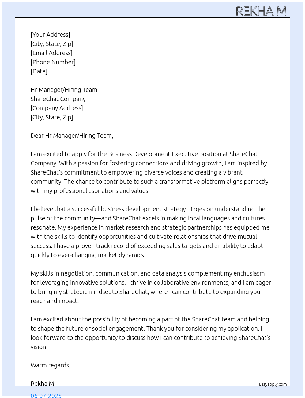 Business development executive At Share chat company Cover Letter