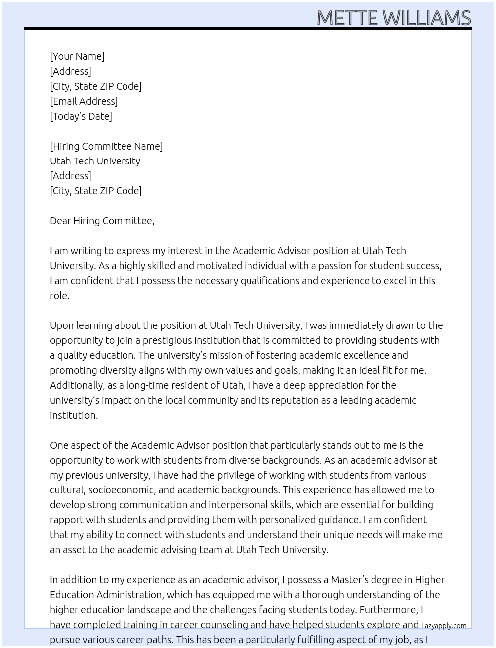 Academic Advisor At Utah Tech University Cover Letter