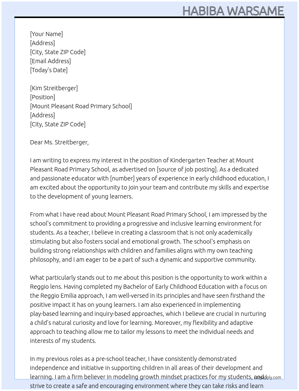 Kindergarten Teacher At Mount Pleasant Road Primary School Cover Letter