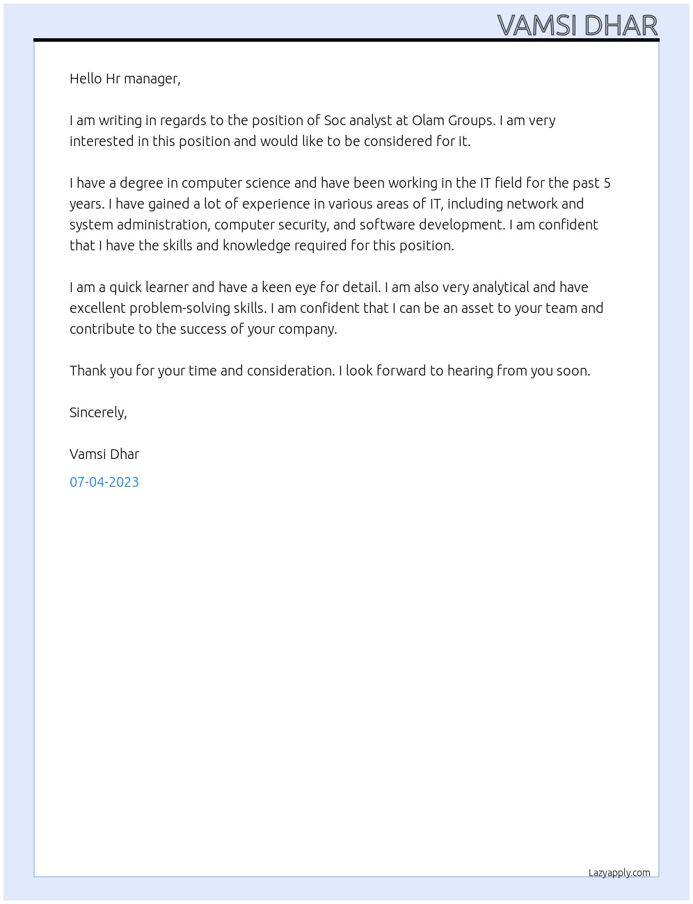 Soc analyst At Olam Groups Cover Letter