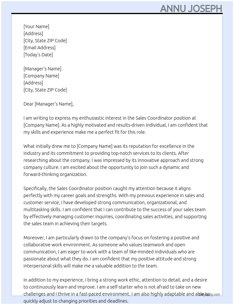 Sales Coordinator At Company name Cover Letter