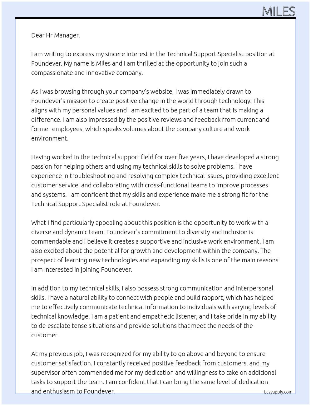 Technical Support Specialist At Foundever Cover Letter