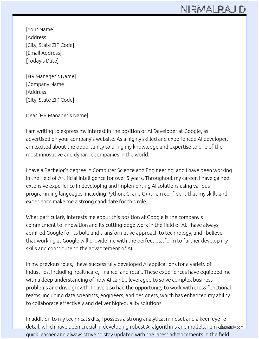 AI developer At Google Cover Letter