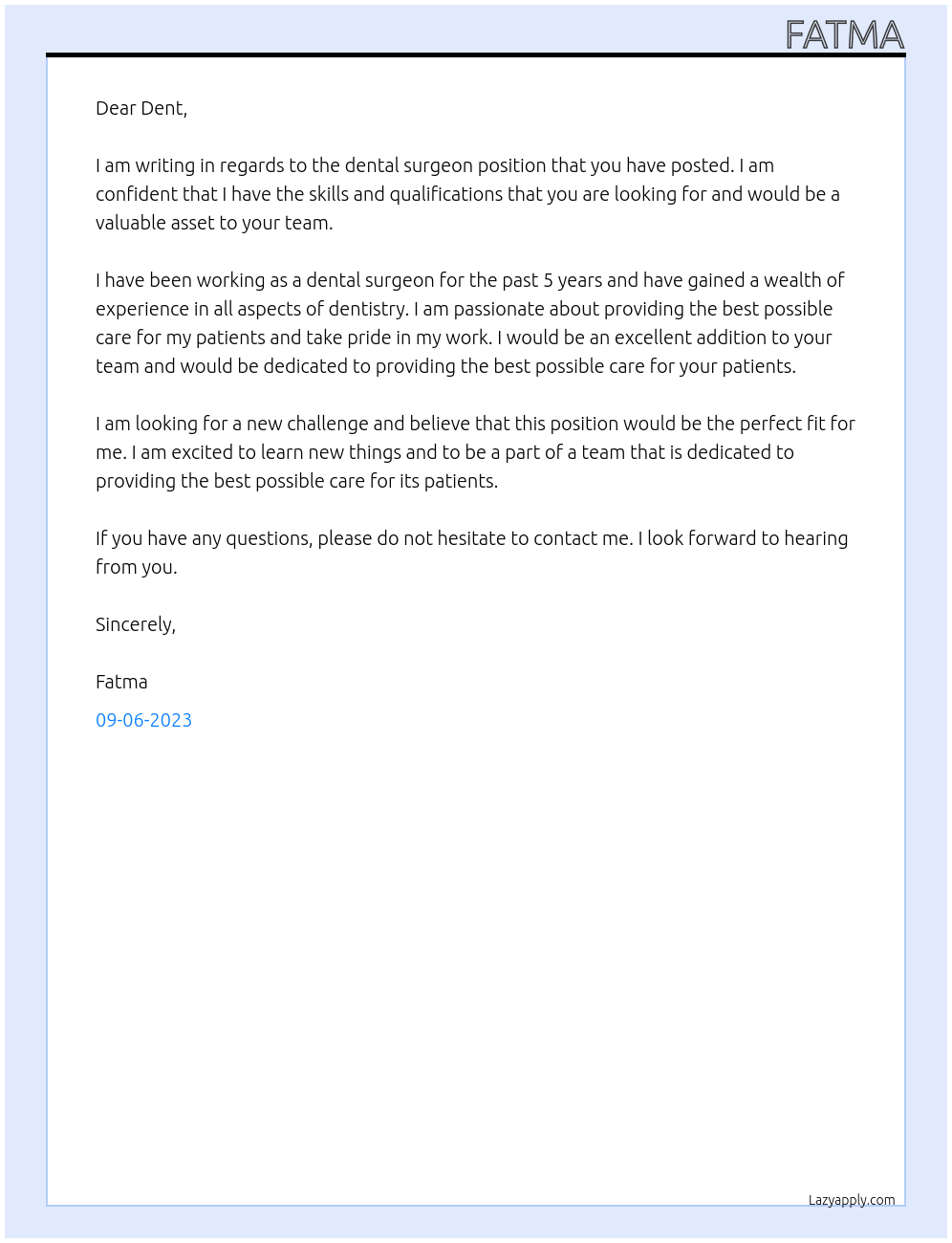 dental surgeon At dent Cover Letter