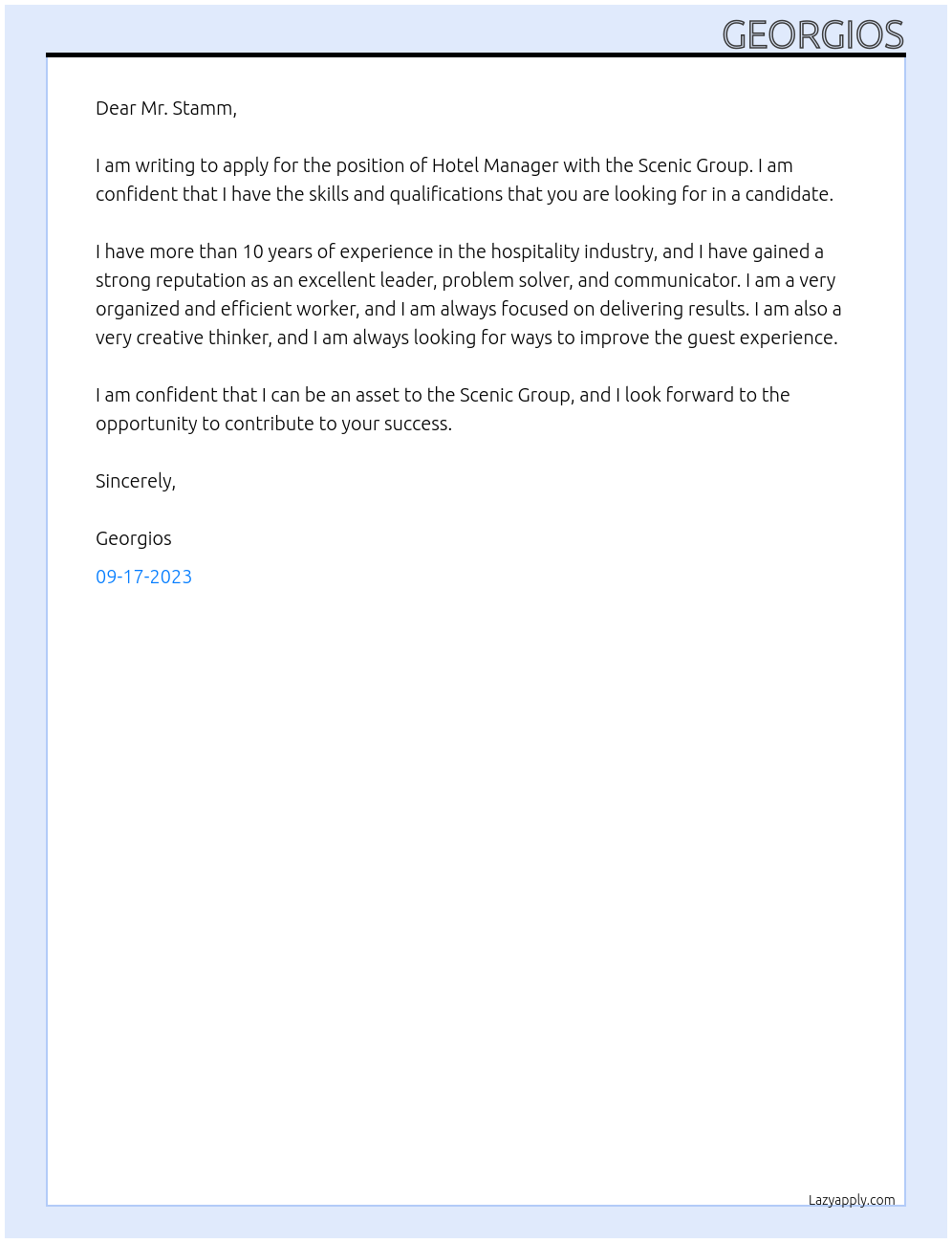 Hotel Manager At Scienc Group Cover Letter