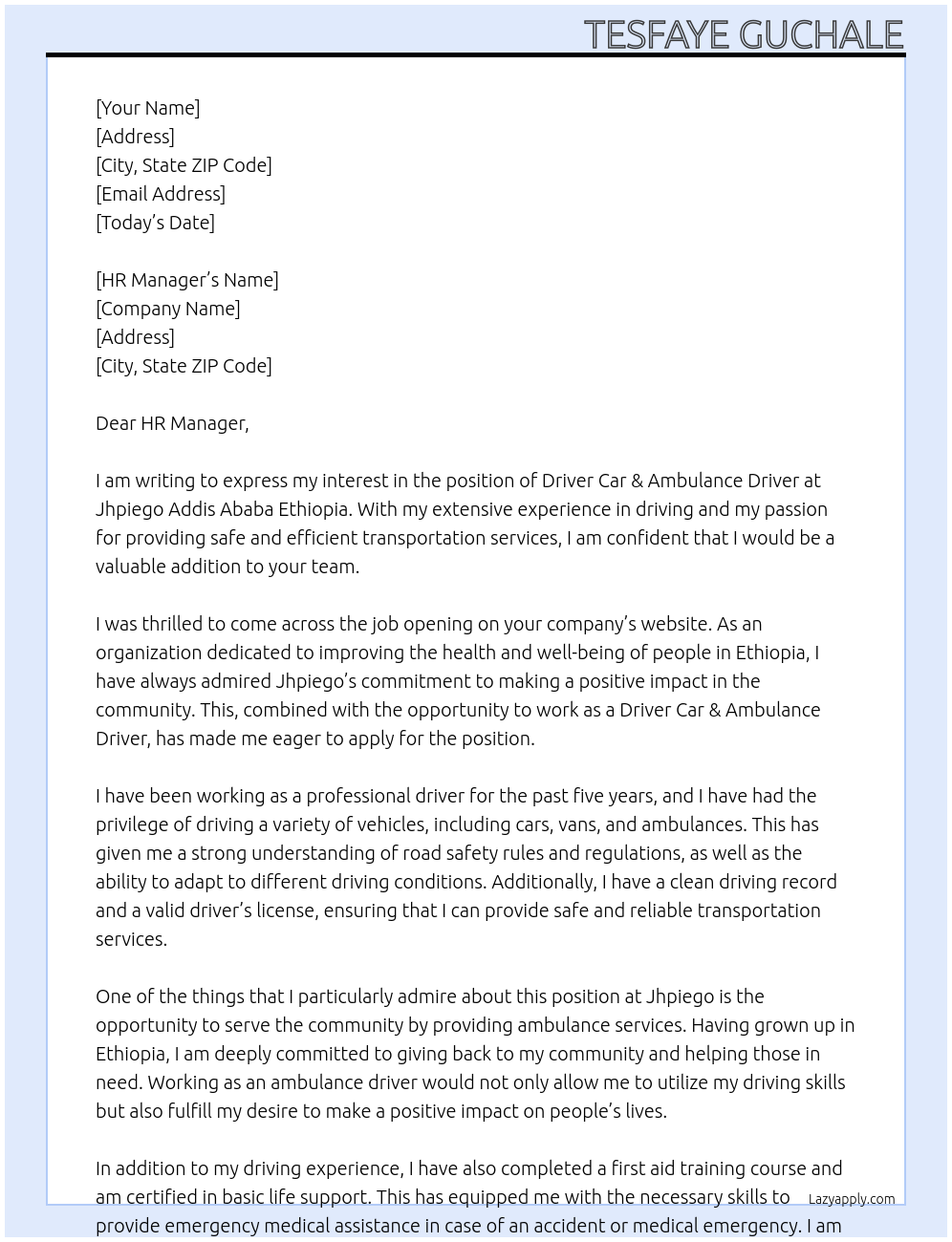 Driver Car & Ambulance Driver At Jhpiego Addis Ababa Ethiopia Cover Letter