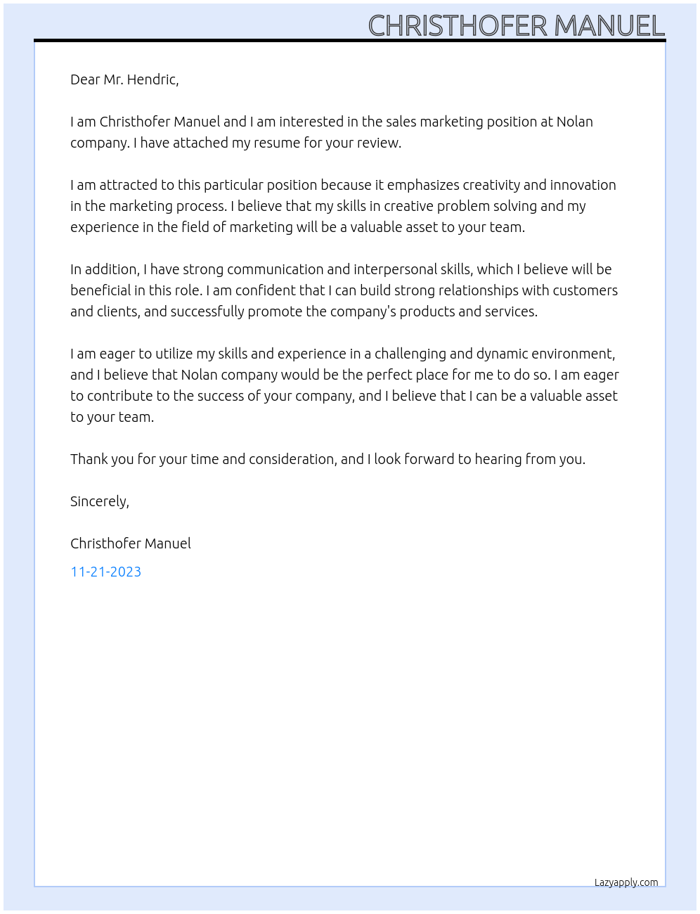 sales marketing At Nolan company Cover Letter