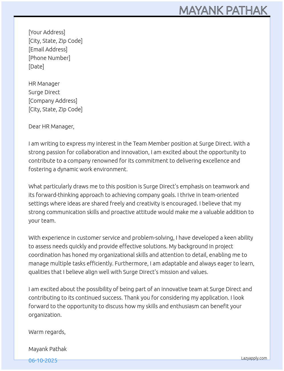 Team member At Surge direct Cover Letter