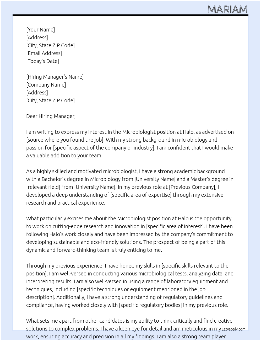 Microbiologist At Halo Cover Letter