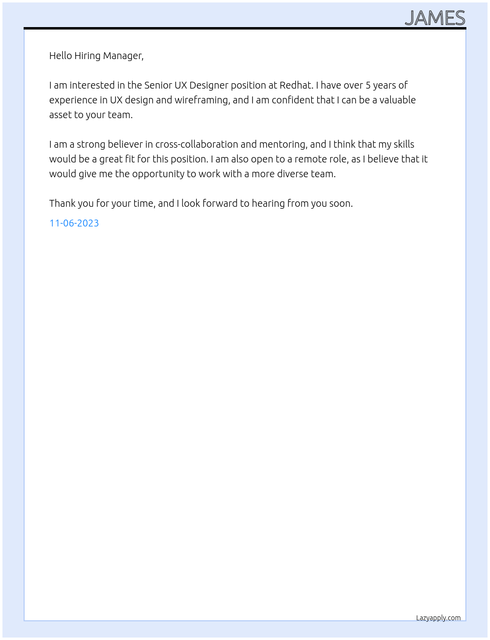Senior UX Designer At Redhat Cover Letter