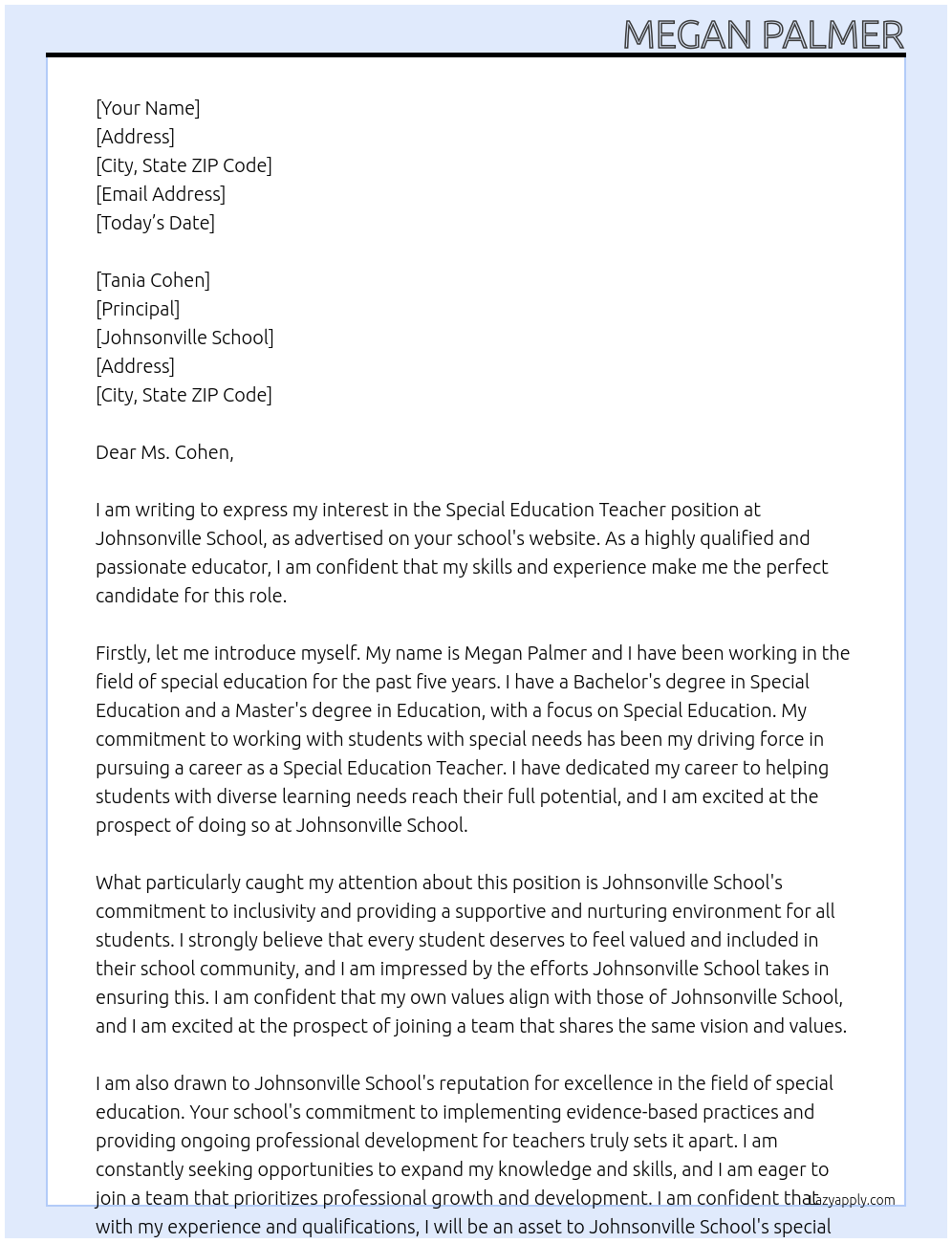 Special Education Teacher At Johnsonville School Cover Letter