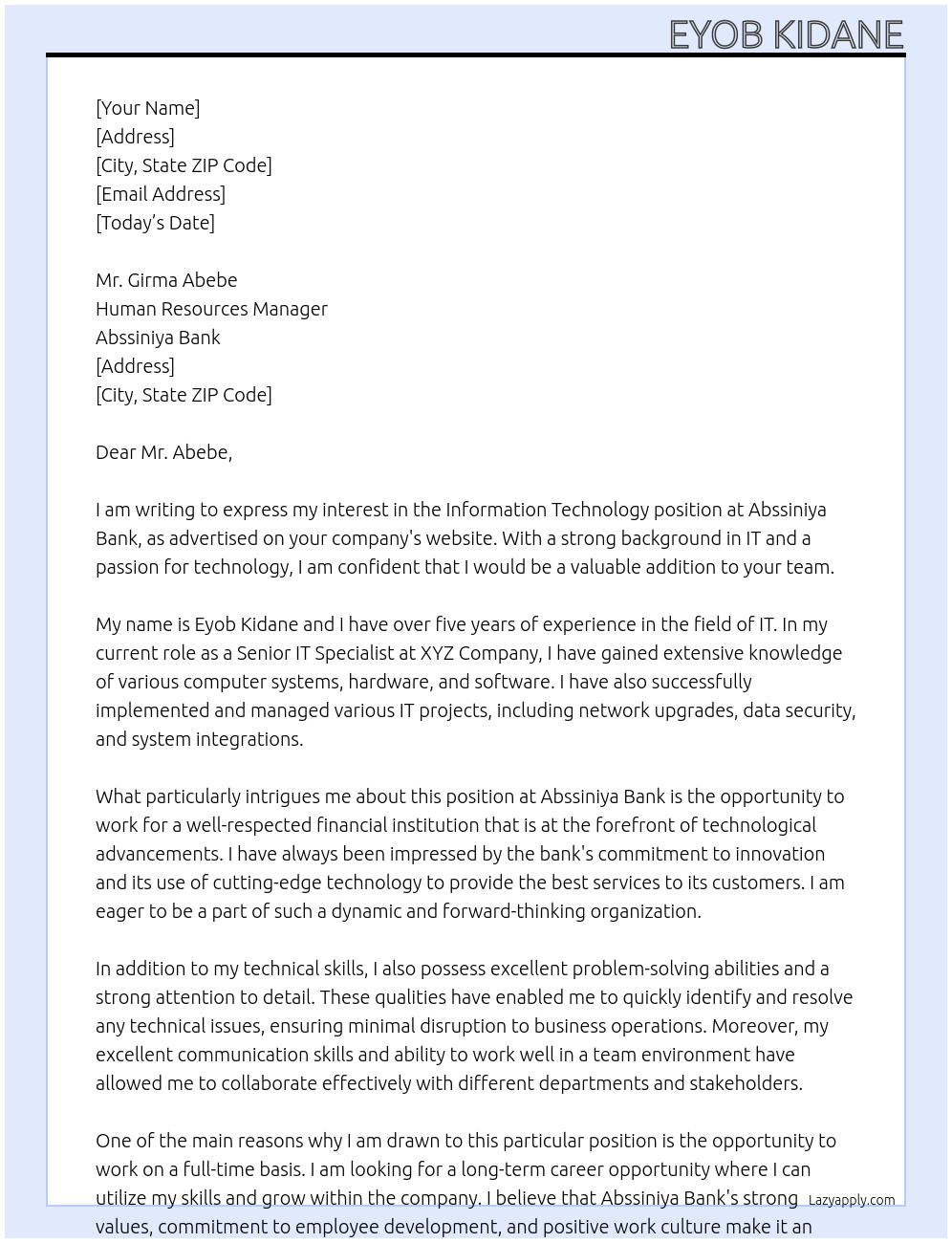 Information technology At Abssiniya bank Cover Letter