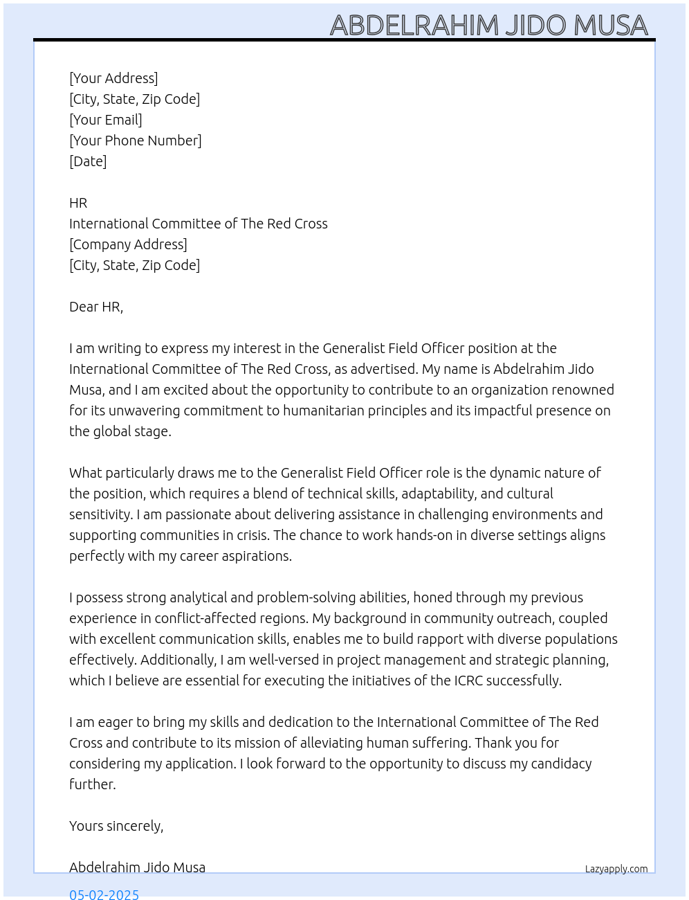 Generalist Field officer At International Committee of The Red Cross Cover Letter