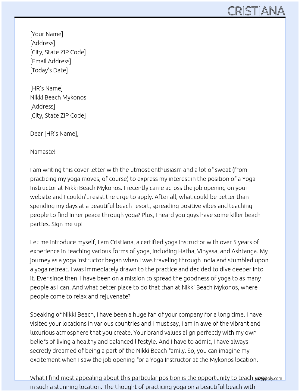 Yoga Instructor At Nikki Beach Mykonos  Cover Letter