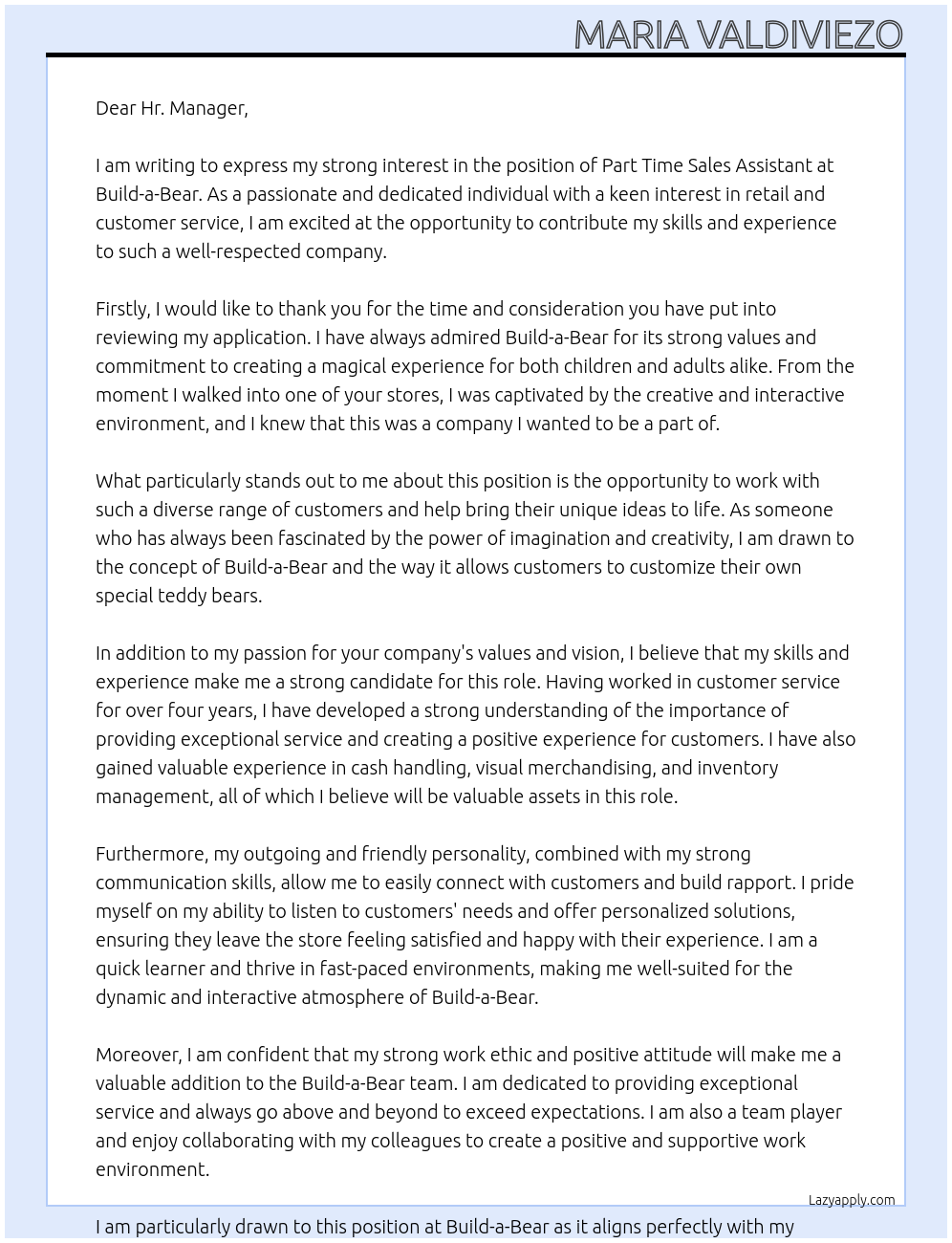 Part Time Sales Assistant At Build-a-Bear Cover Letter