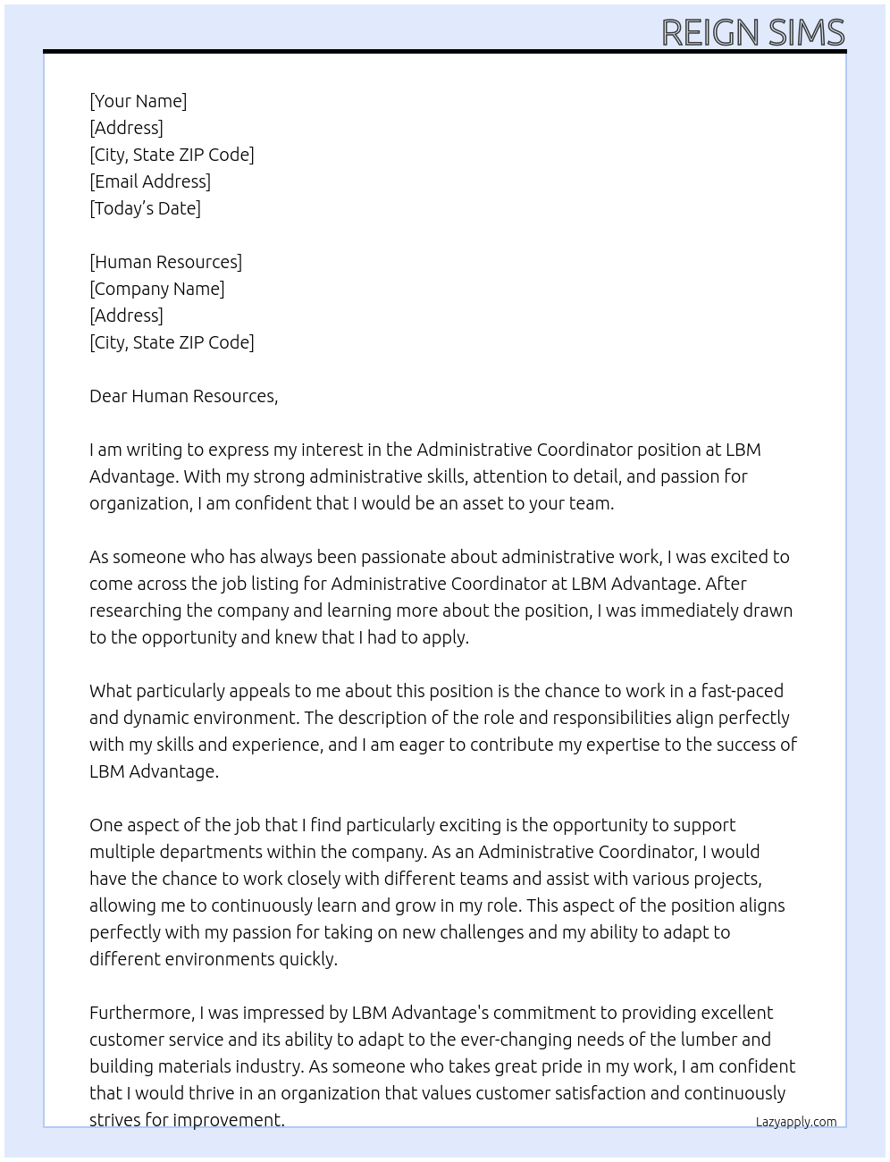 Administrative Coordinator At LBM Advantage Cover Letter