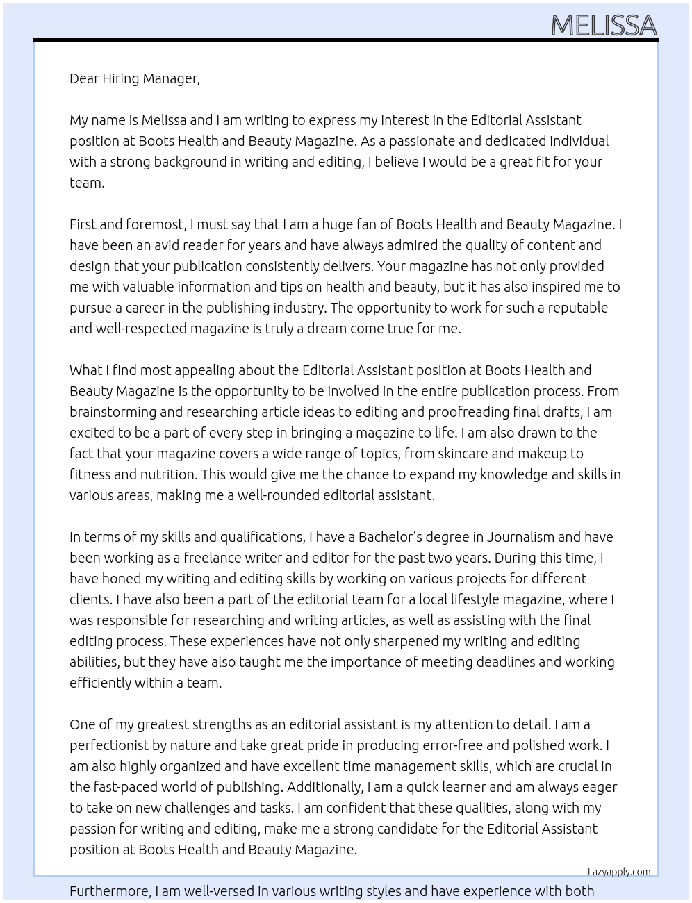 Editorial Assistant  At Boots Health and Beauty Magazine Cover Letter