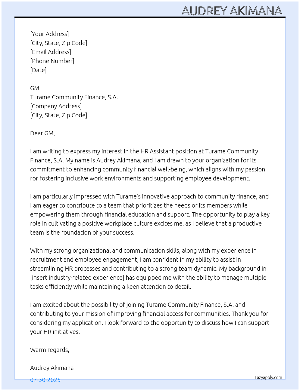 HR Assistant At Turame Community Finance, S. A. Cover Letter