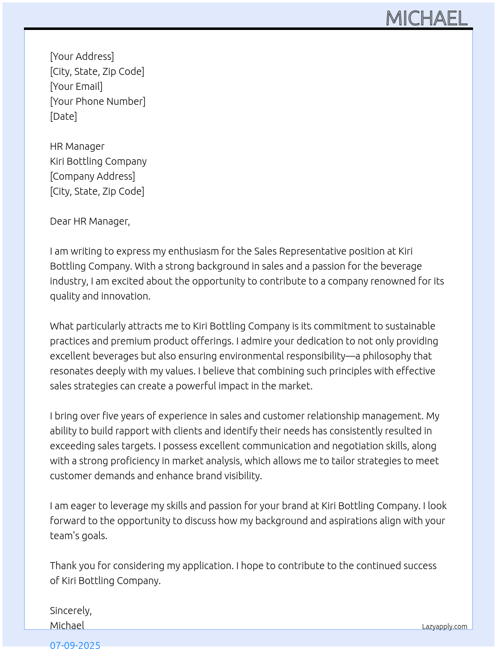 Sales representative At Kiri Bottling Company Cover Letter