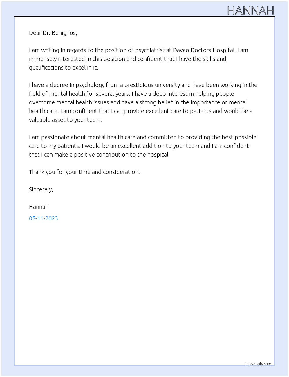 Psychiatrist At Davao Doctors Hospital Cover Letter