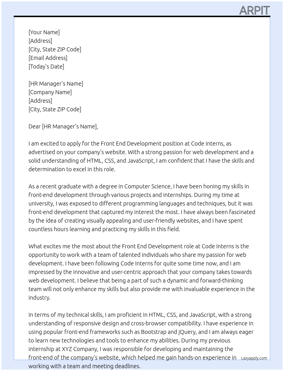 Front End Development At Code Interns Cover Letter