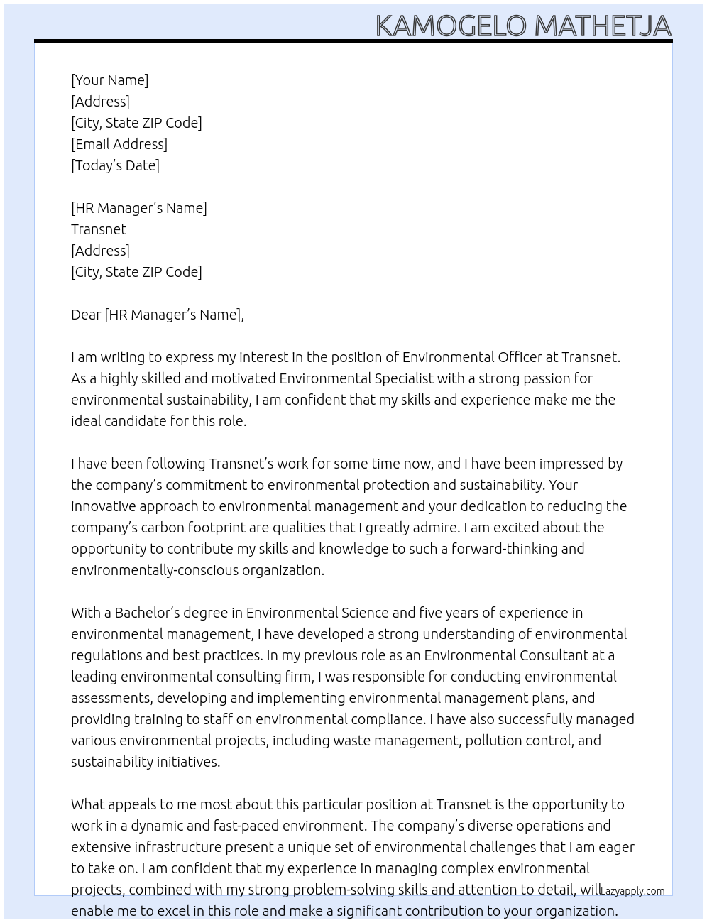 Environmental officer At Transnet Cover Letter