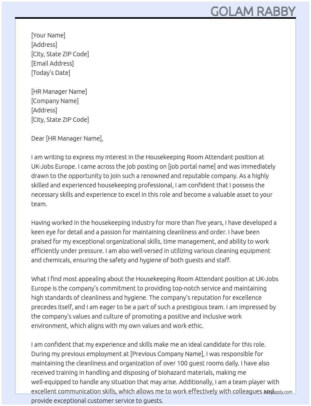 Housekeeping Room Attendant At UK -Jobs Europe Cover Letter