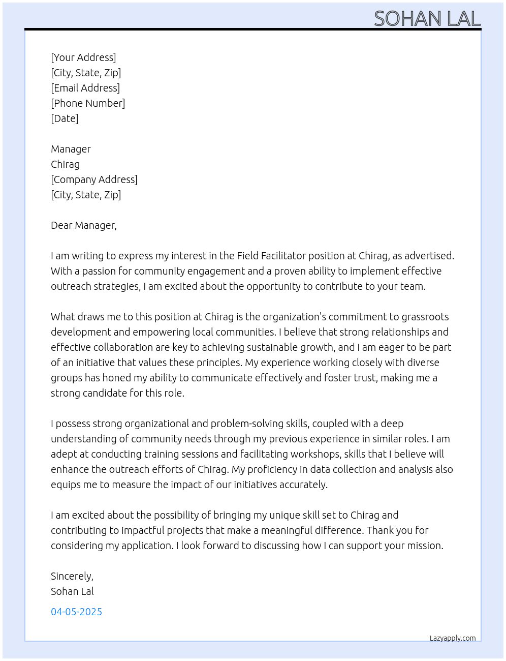 Field Facilitator  At Chirag Cover Letter