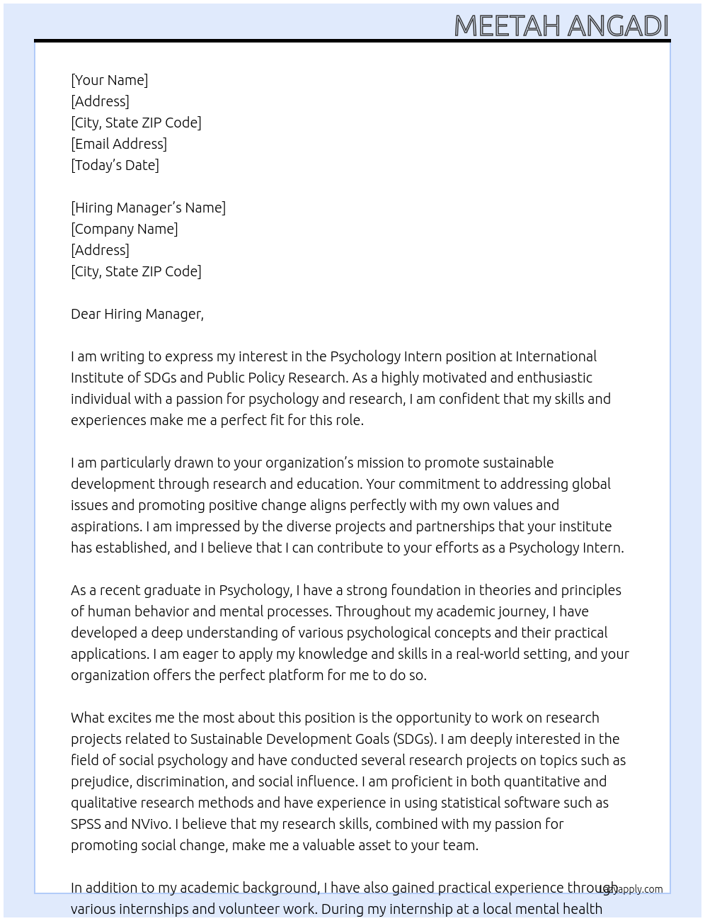 Psychology intern At International Institute of SDGs and Public Policy Research Cover Letter