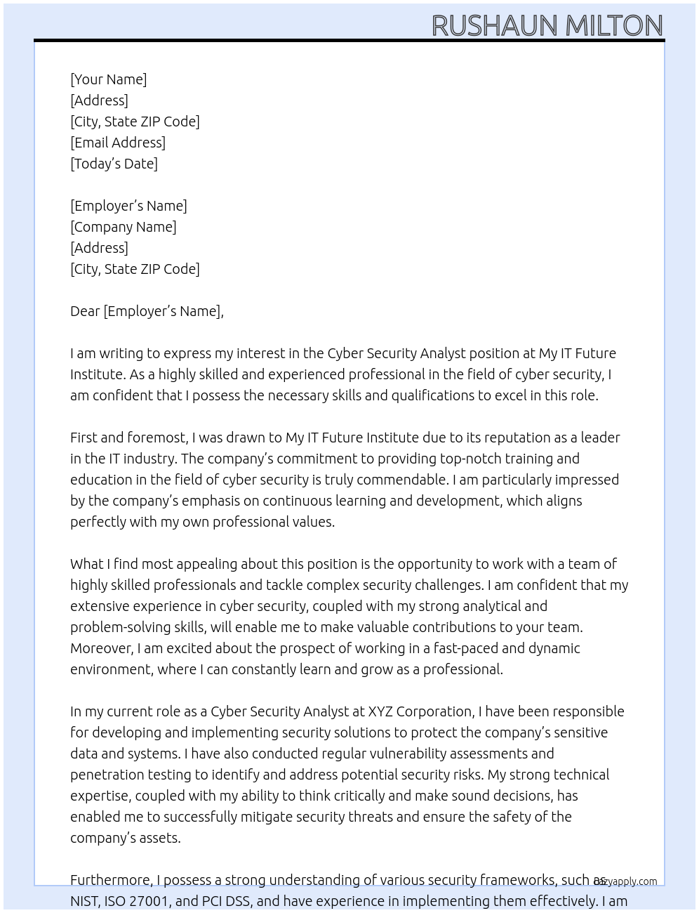 Cyber Security Analyst At My IT Future Institute Cover Letter