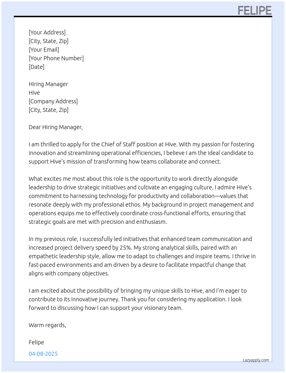 Chief of Staff At Hive Cover Letter