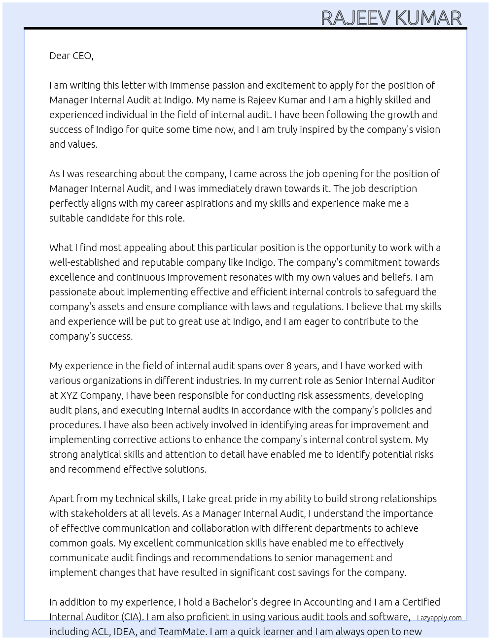 Manager internal audit  At Indigo Cover Letter