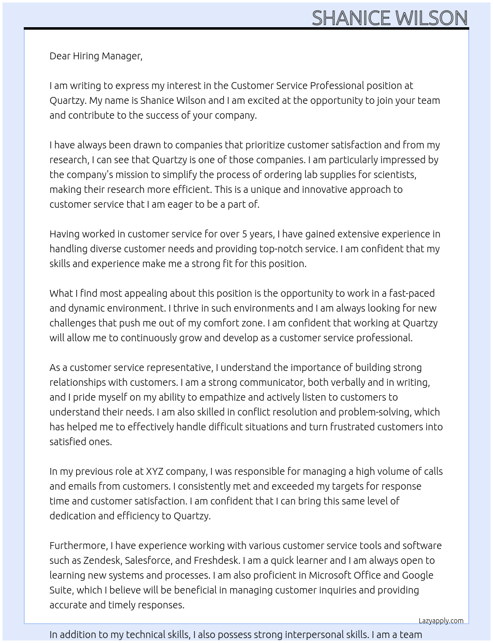 Customer Service Professional At Quartzy Cover Letter