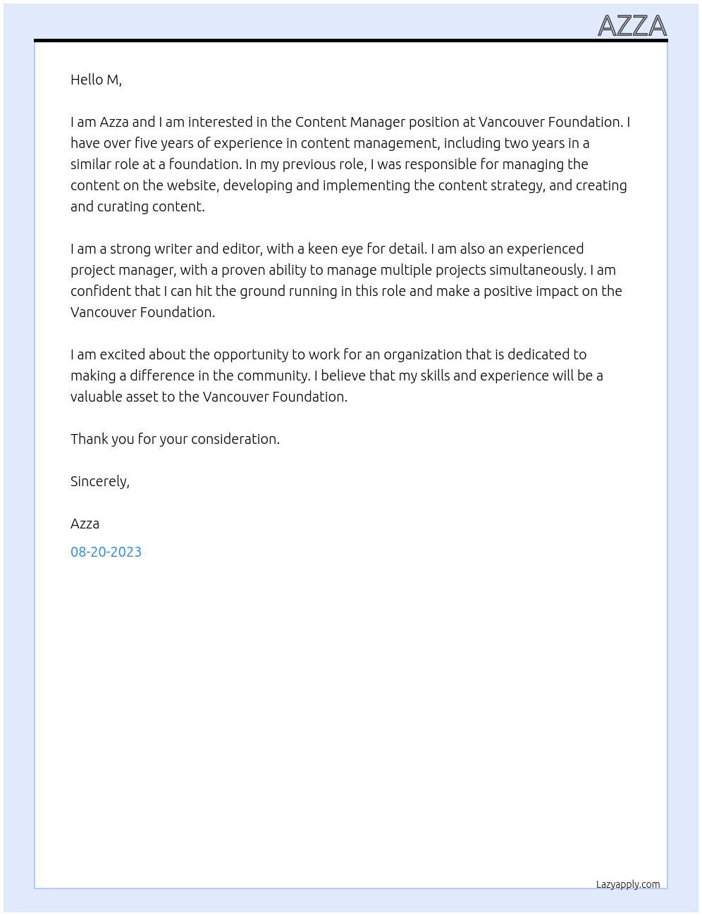 Content Manager At Vancouver Foundation Cover Letter