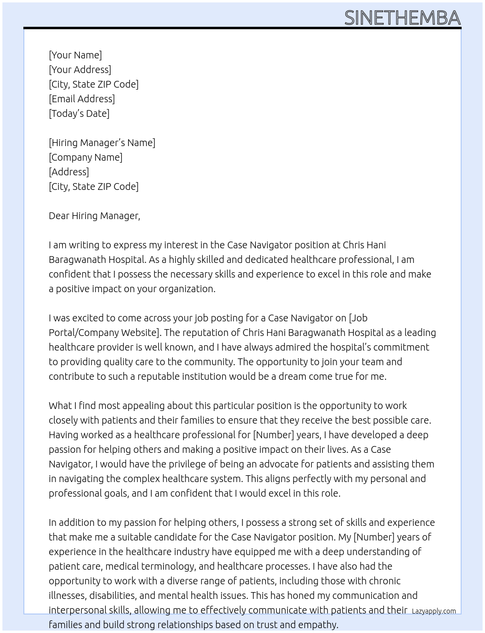 Case Navigator  At Chris hani Baragwanath Hospital  Cover Letter