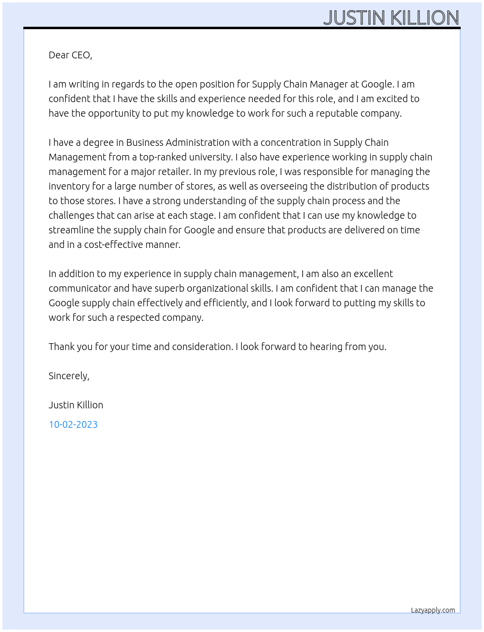 Supply Chain Manager At Google Cover Letter