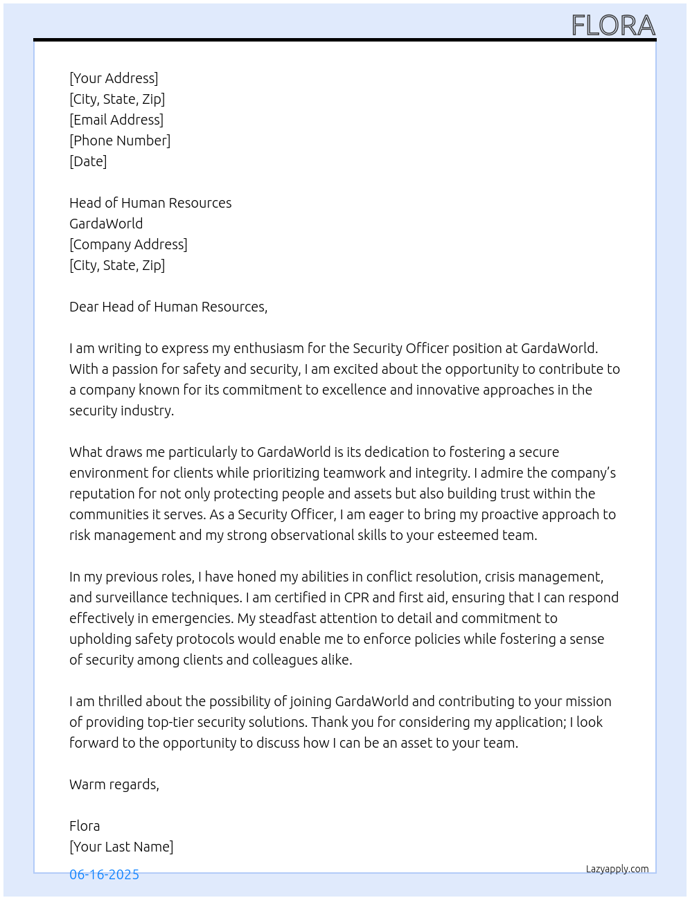 security officer At GardaWorld Cover Letter