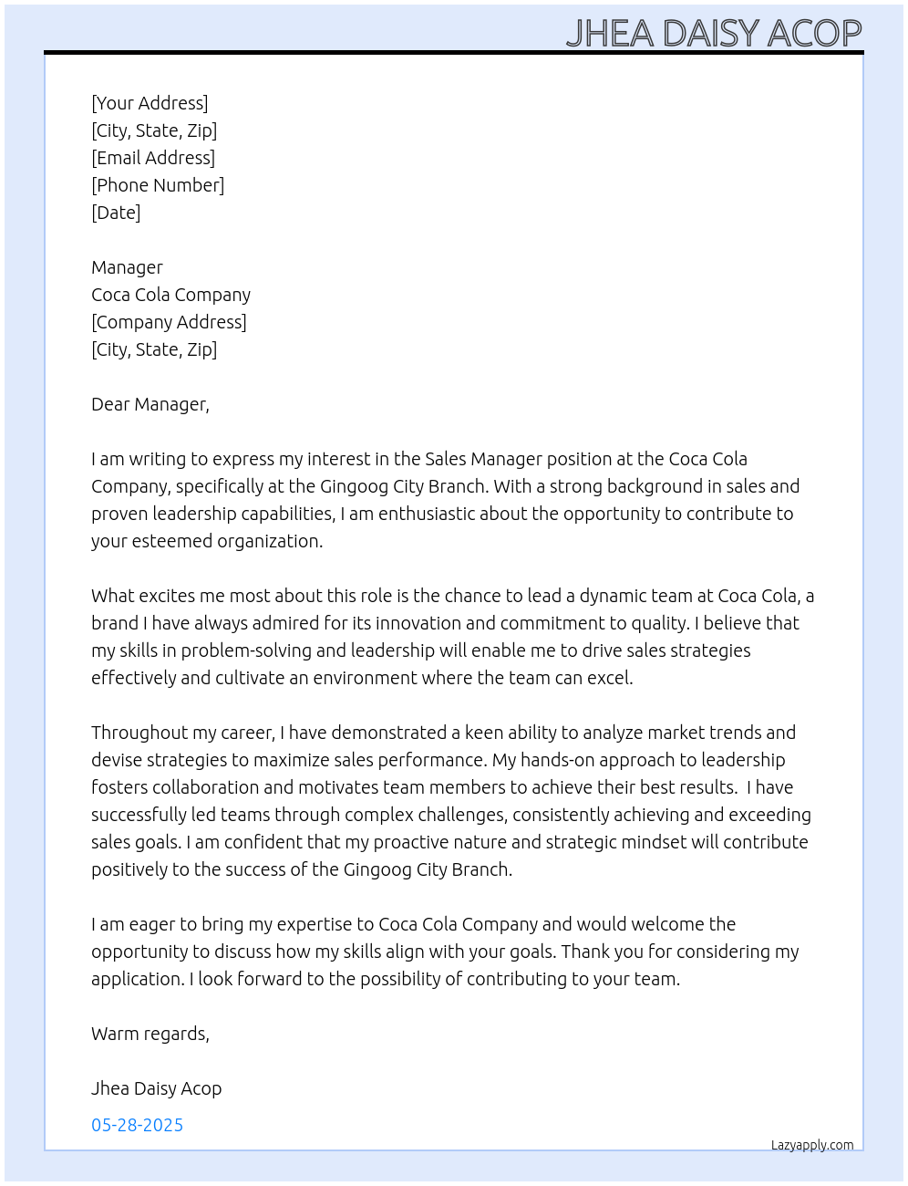 Sales Manager At Coca Cola Company Cover Letter