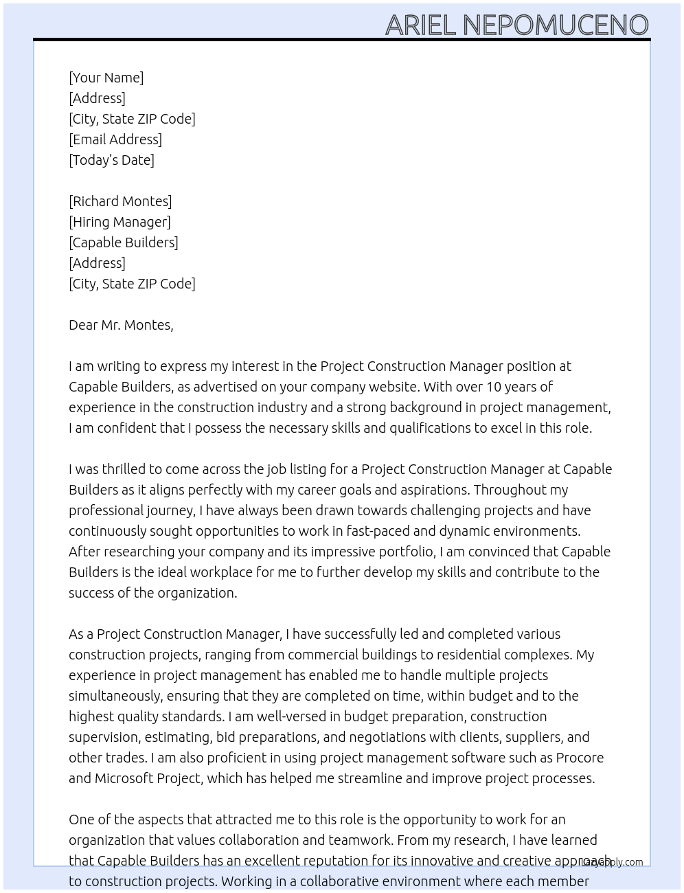 Project Construction Manager At Capable Builders Cover Letter